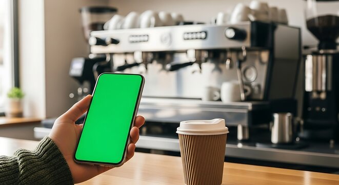 Person holding smartphone with green screen in cafe near coffee machine
