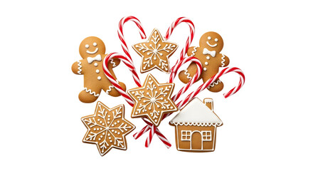 A delightful array of homemade holiday gingerbread cookies and candy canes, showcasing festive sweetness crafted from whisked ingredients, perfect for celebrating the season