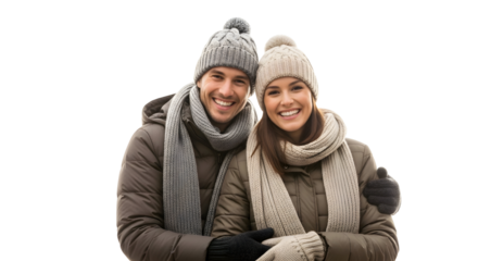 A cheerful young couple, warmly bundled in winter hats and scarves, smiles brightly at the camera, embodying joy and togetherness against a crisp white background