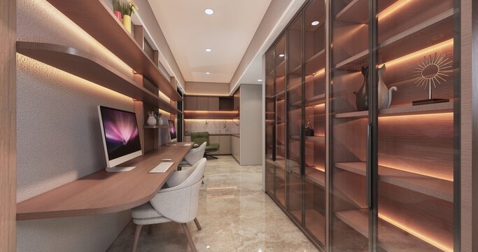 Stylish study room with wooden shelves, computer desk, and modern lighting.