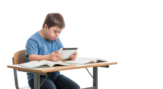 Young boy with Down syndrome focused on a digital tablet at a school desk, illustrating inclusive education and modern learning for students with special needs - Powered by Adobe