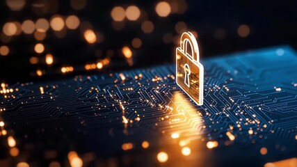 Glowing padlock icon symbolizes digital security and encryption circuit board background, highlighting importance of protection and privacy - Powered by Adobe