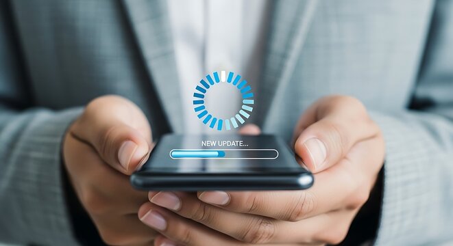 Businessman holding smartphone with loading bar, data transfer concept