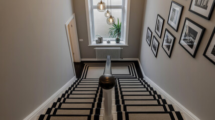 Modern Staircase with Black and White Striped Runner and Framed Art on Gray Walls stairs interior