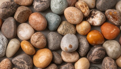 Assorted Polished Pebbles, Earth Tones A Textural Mosaic of Smooth, Rounded Stones.