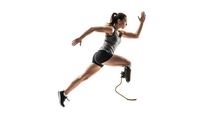 Dynamic shot of an athletic woman with a prosthetic running blade sprinting forward, showcasing her strength, determination, and resilience in sports, emphasizing ability and overcoming challenges