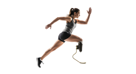 Dynamic shot of an athletic woman with a prosthetic running blade sprinting forward, showcasing her strength, determination, and resilience in sports, emphasizing ability and overcoming challenges