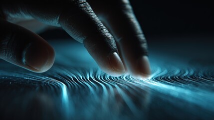 Finger Touching Blue Glowing Waveform: Tech Interaction Scene