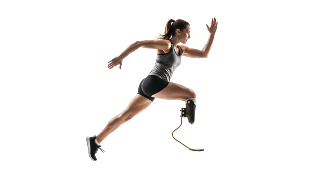 Dynamic shot of an athletic woman with a prosthetic running blade sprinting forward, showcasing her strength, determination, and resilience in sports, emphasizing ability and overcoming challenges