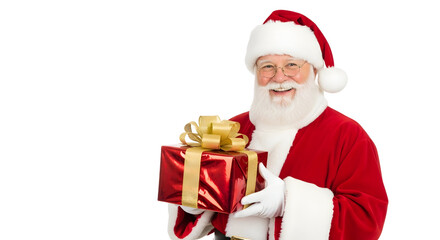 Jolly Santa Claus spreading holiday cheer with a beautifully wrapped gift. A joyful character holding a present for festive celebrations