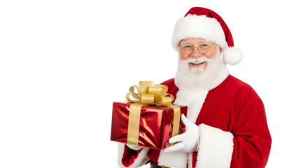 Jolly Santa Claus spreading holiday cheer with a beautifully wrapped gift. A joyful character holding a present for festive celebrations