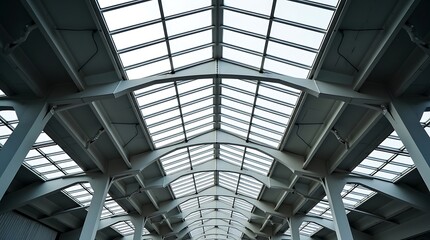Fototapeta premium Symmetrical Warehouse Ceiling with Skylights — Geometric Light Pattern
