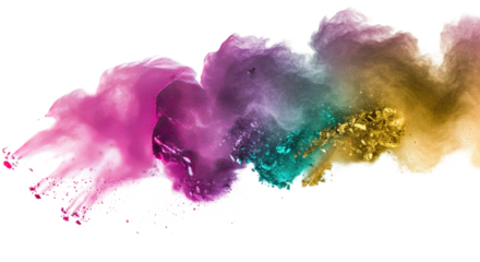 Colorful powder explosion in pink, purple, teal, and gold on black background, perfect for festive design and creative projects