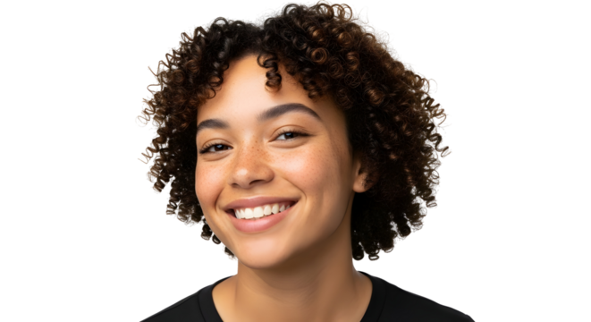 Authentic and joyful studio portrait of a cheerful young woman with natural curly hair, confidently smiling and radiating warmth against a clean white background