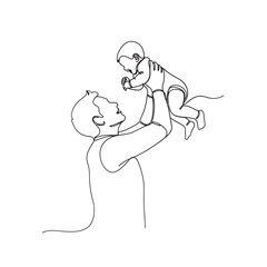 Father holding baby in the air continuous line drawing family love concept