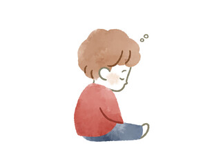 座りながらうたた寝している男の子-水彩