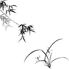 Elegant bamboo branch and orchid grass vector in japanese ink wash art style, peaceful oriental nature composition for background or decoration