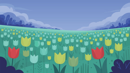 Vibrant field of colorful tulips blooming under a serene blue sky, evoking springtime joy and natural beauty.