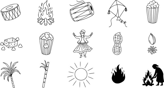 Lohri and Makar Sankranti Festival Icons. Set of Traditional Indian Harvest Celebration Elements: Bonfire, Drums, Popcorn, Jaggery, Peanuts, Kite, Sugarcane, Sun, Dancer.