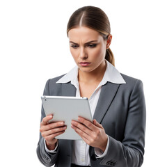Young business woman holding tablet isolated on white