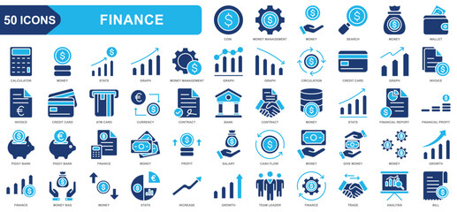 Finance collection icon set. coin, money management, wallet, stats, graph, bank, financial profit. Simple flat vector.