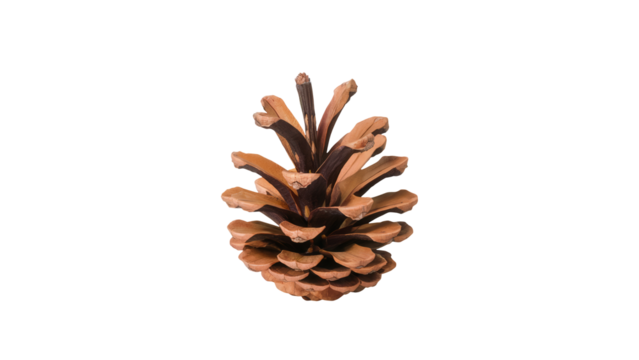 A detailed close up view of a single brown pine cone with open scales isolated on transparent background