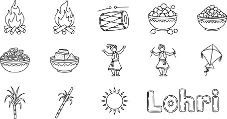 Lohri festival traditional icon set. Hand-drawn doodle illustration of Punjabi harvest celebration symbols: bonfire, dhol, rewri, gachak, popcorn, peanuts, dancers, kite, sugarcane, sun, and text.