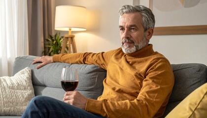 Fototapeta premium Man sitting on the couch with a glass of red wine