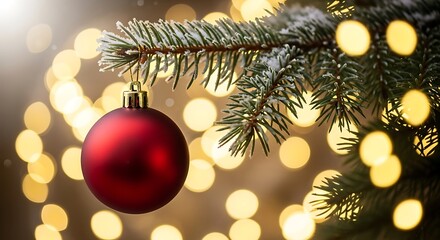 Single red christmas ornament hangs on a frosted pine branch with bokeh lights