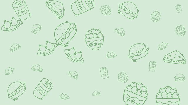 Food doodle pattern with handdrawn food and drinks. Ideal for food blogs, menus, recipe cards, and kitchen decorations.