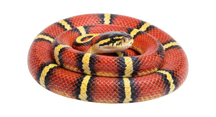 Obraz premium Coiled red, yellow, and black striped snake with a focused gaze on a black background