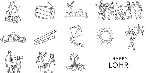 Lohri festival celebration vector illustration set with bonfire, dhol, traditional sweets, dancing people, sun, sugarcane, popcorn, peanuts, kites, and families.