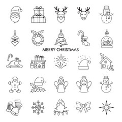 Set of Christmas line icons holiday vector elements for greeting cards and decorations isolated on w