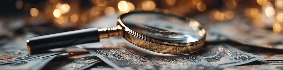 Obraz premium Magnifying glass on US dollar bills: financial investigation, audit, and golden bokeh
