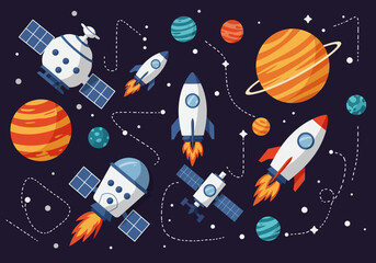 Cartoon space illustration with rockets, planets, and satellites
