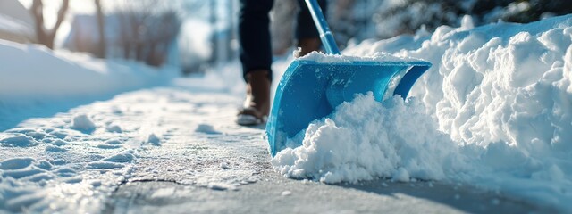 Low-angle shot: blue snow shovel clearing a sidewalk after heavy snowfall