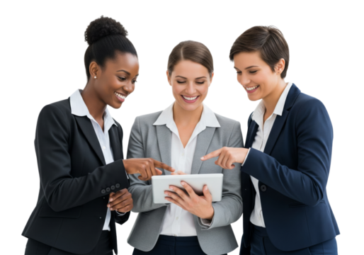 Business team working together with a tablet isolated on white