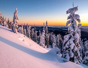 Snow-covered trees and landscape against a colorful sunset
