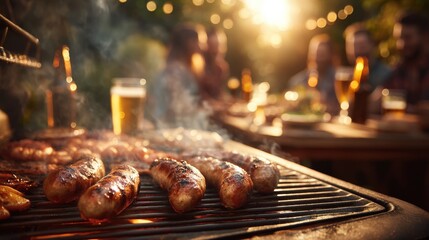Summer BBQ: Juicy sausages grilling with smoke, people, and sunset lens flare