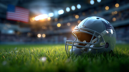 American football helmet and ball rest on green grass field in stadium, USA flag waves behind, sunlight illuminates stadium seats, game day atmosphere ready for kickoff, under soft