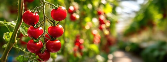 Obraz premium Fresh Harvest: Close-up of vibrant ripe cherry tomatoes on the vine in a greenhouse