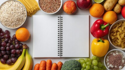 Vibrant Top-Down Flat Lay: Fresh Fruits, Vegetables, Pasta, and Recipe Notebook on White Background