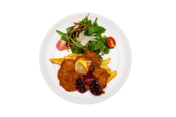 Top-down transparent PNG of cherry jam chicken schnitzel served with French fries and fresh greens — ideal for menus and culinary design projects.
