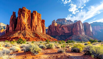 Fototapeta premium Majestic red rock formations under a bright blue sky in a desert landscape with green scrubby bushes and warm sunlight illuminating the scene