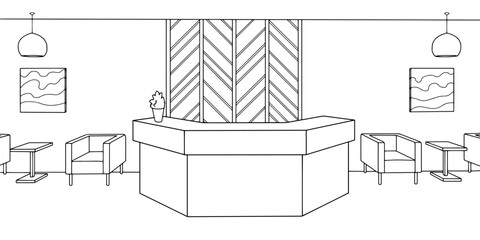 Reception in the office room graphic black white interior sketch illustration vector 