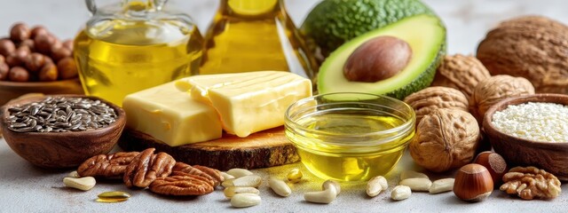 Composition of oils, nuts, seeds, avocado, and other Omega-6 rich and healthy fat products on a light blue background