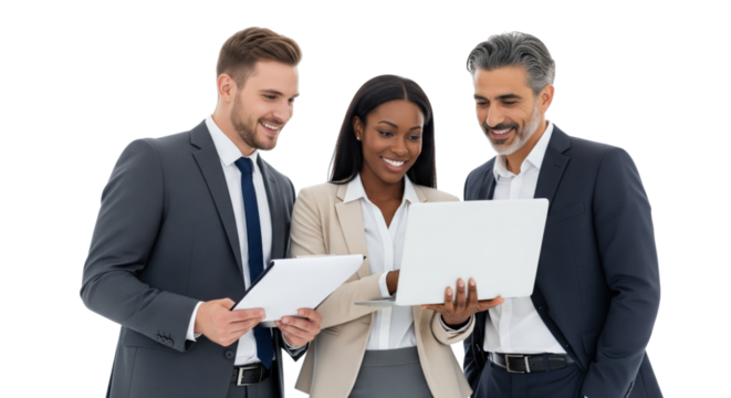 Business team working together with a laptop isolated on white