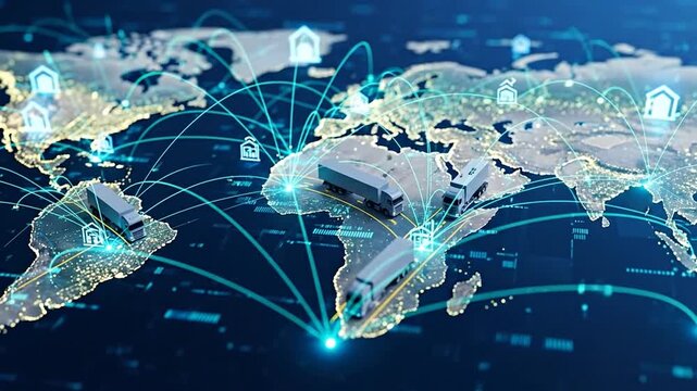 Global logistics network connecting world map with truck transport efficiently