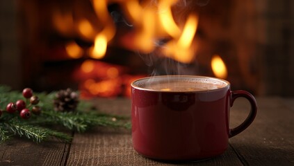 Cozy Beverage by the Fireplace a Still Life with Rustic Charm and Warm Tones.