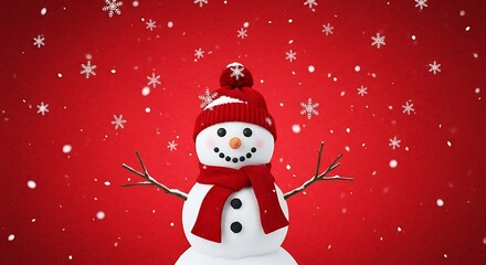 Cute snowman with red hat and scarf in snowy winter background